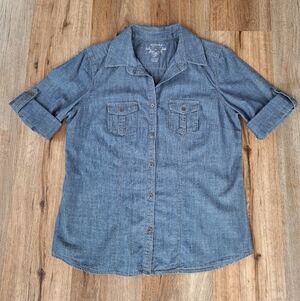 Womens 100% Cotton Short Sleeve Chambray Button Down Shirt Size M Roll Tab